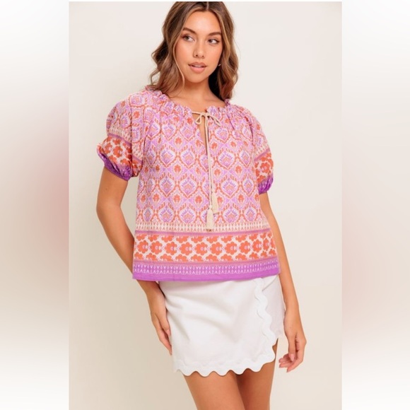 NWT! Luxury Bohemian Pink and Orange Wide Neckline Short Sleeve Women's Top - Picture 3 of 8